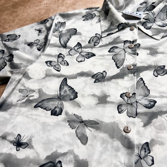 Vintage 90s Life Systems Black & White Butterfly Print Shirt Polyester Button Up - Picture 5 of 6